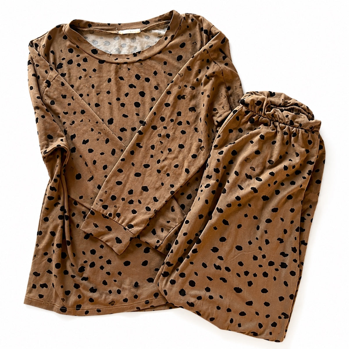 Brown and Black Spotted Two Piece Pajama Set - Size Medium