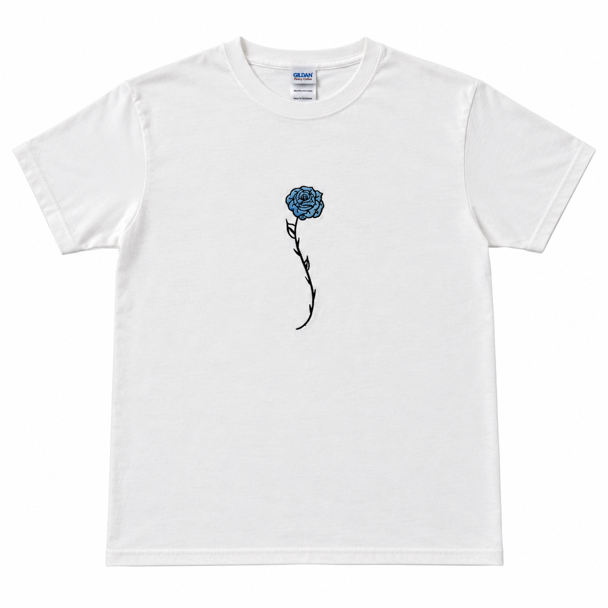 Blue Rose White Embroidered Graphic Tee