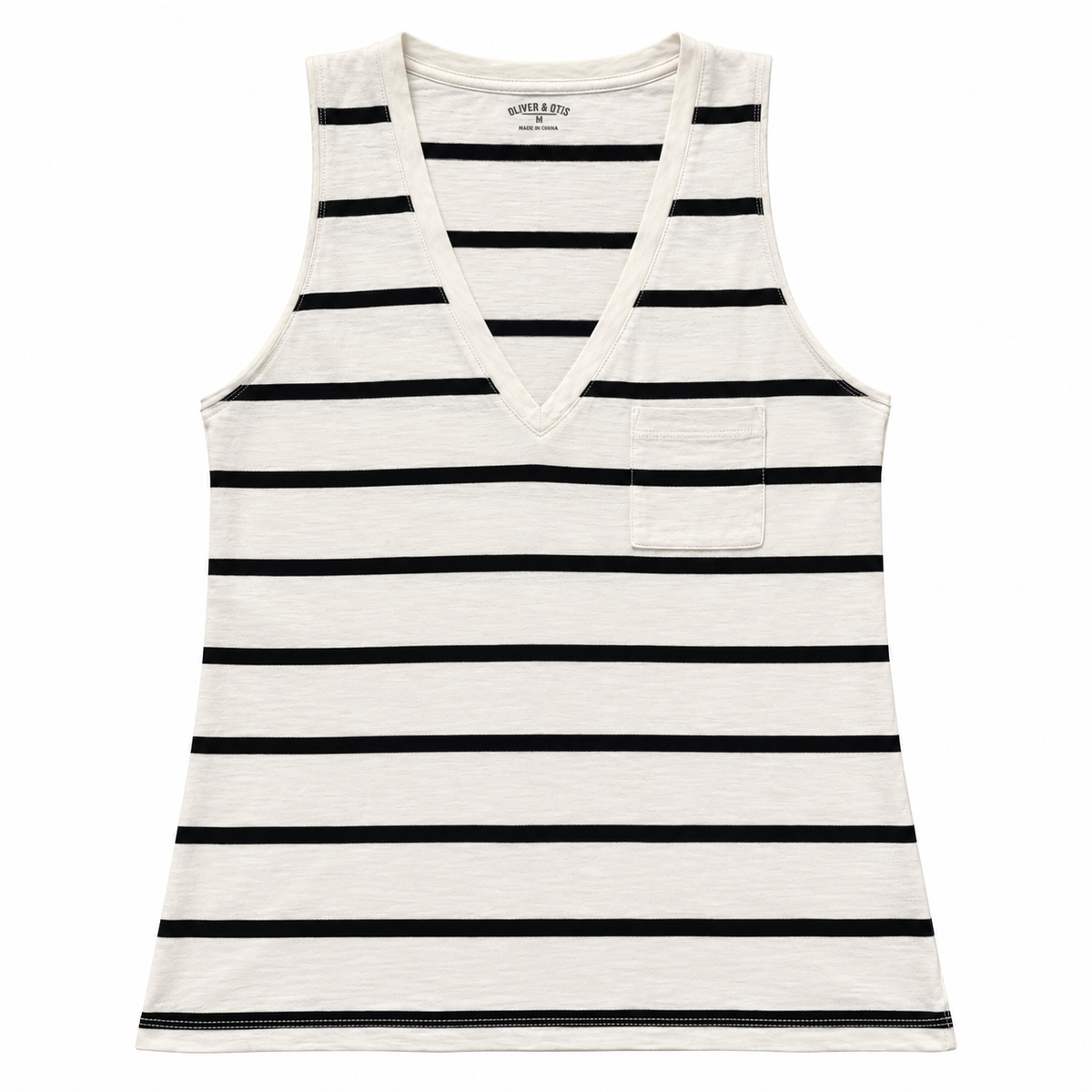 Ivory & Black Striped V-Neck Pocket Tank Top