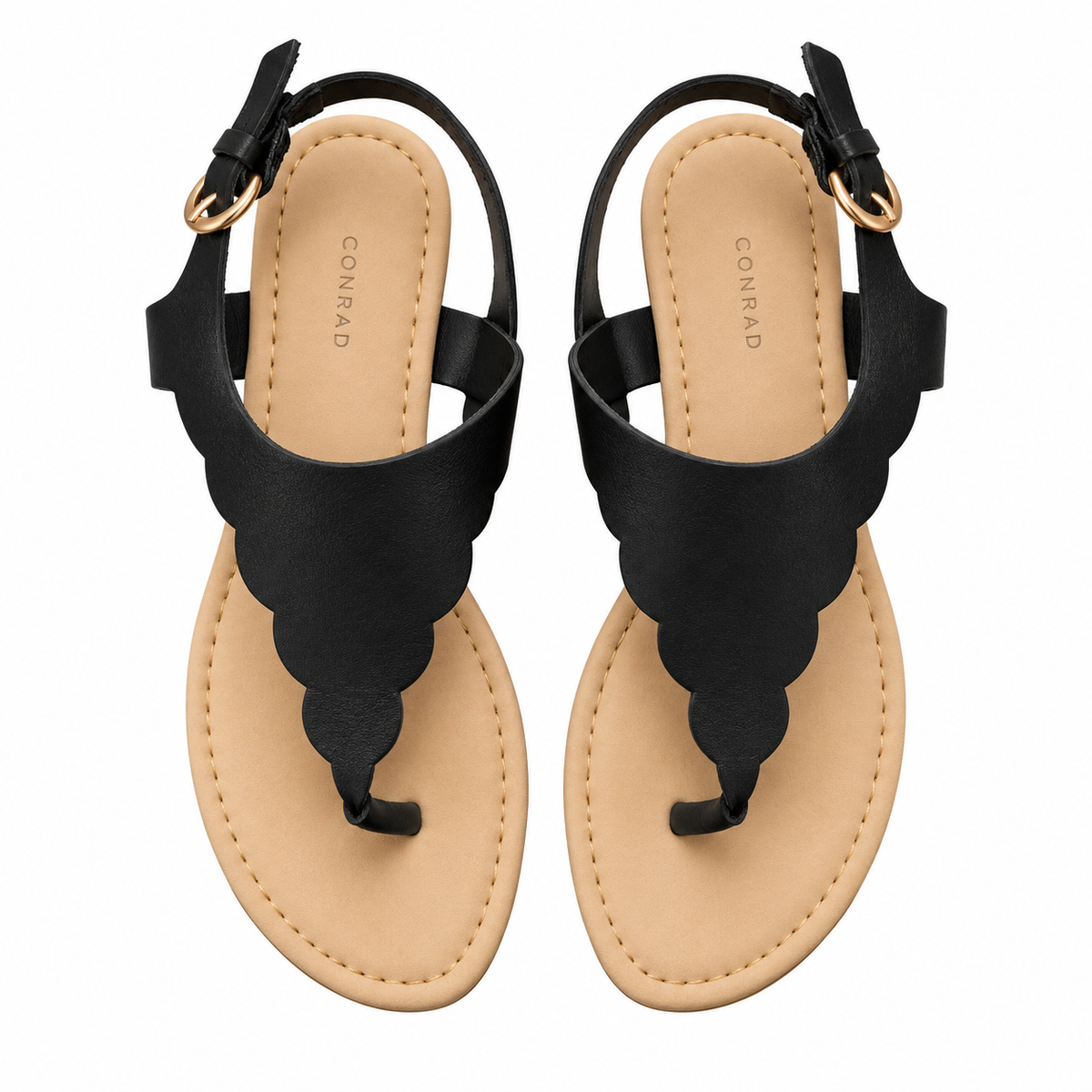 Black Scalloped Thong Sandals with Gold Buckle