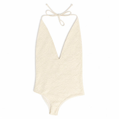 Cream Lace Plunging One-Piece Swimsuit
