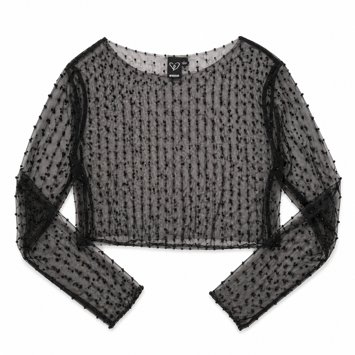 See Through Mesh Crop Top With Rhinestones - Size Large