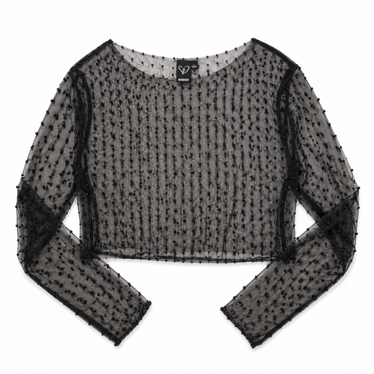 See Through Mesh Crop Top With Rhinestones - Size Large