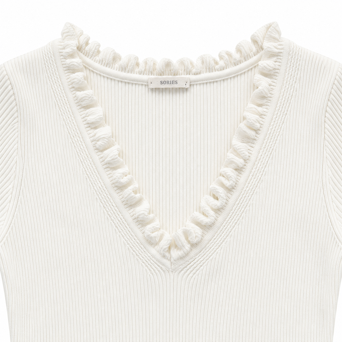 White Ribbed Ruffle V-Neck Short Sleeve Top