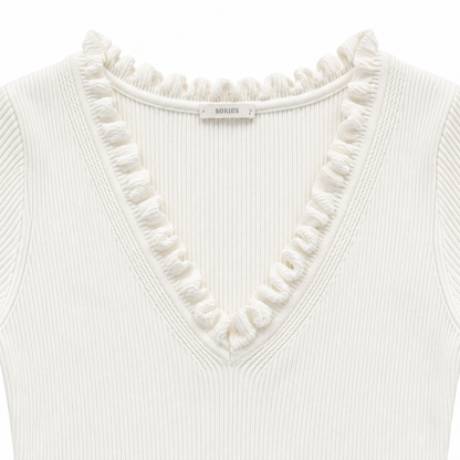 White Ribbed Ruffle V-Neck Short Sleeve Top