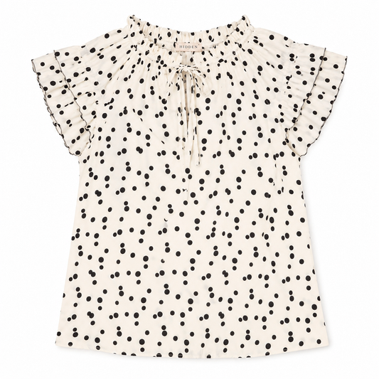 Cream & Black Polka Dot Flutter Sleeve Top