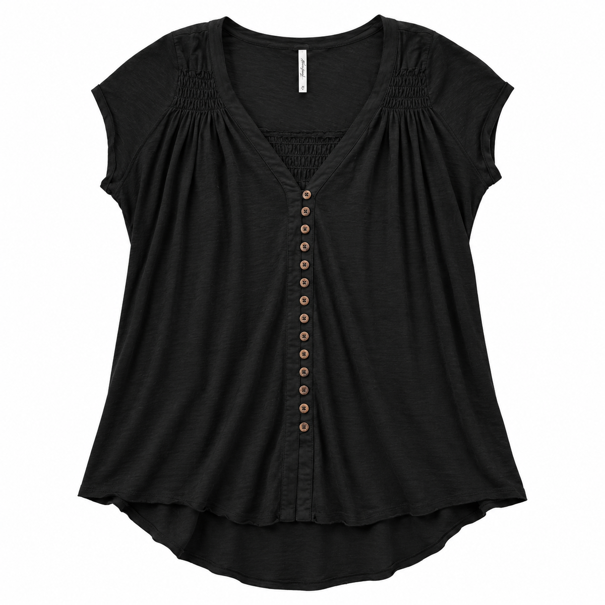 Free People Black Button-Front Smocked Relaxed Tunic Top