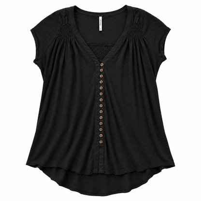 Free People Black Button-Front Smocked Relaxed Tunic Top
