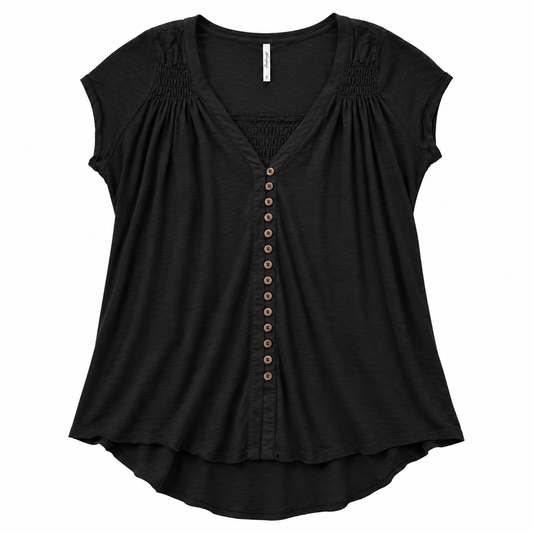 Free People Black Button-Front Smocked Relaxed Tunic Top