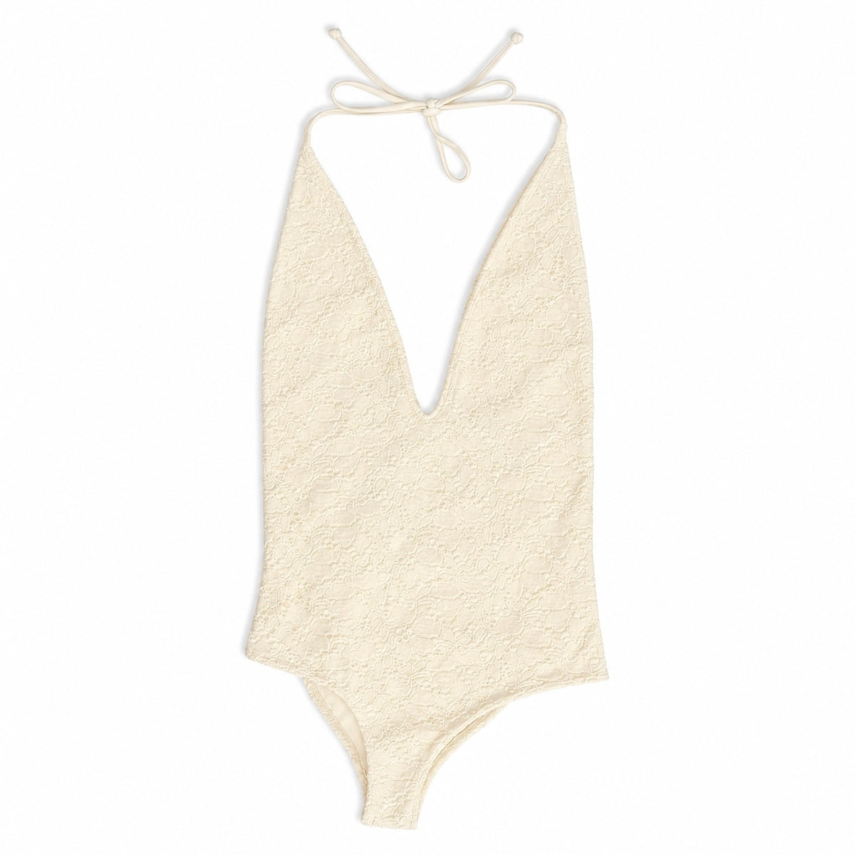 Cream Lace Plunging One-Piece Swimsuit