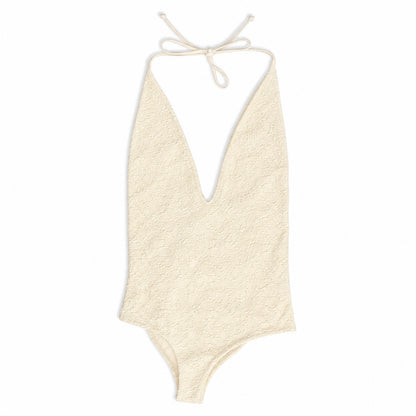 Cream Lace Plunging One-Piece Swimsuit