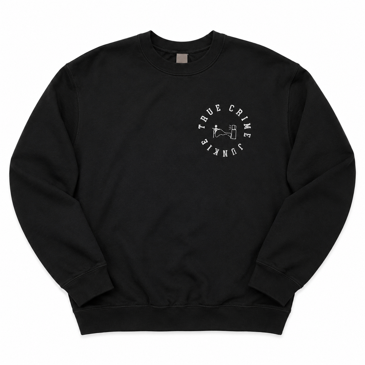 Cozy Black True Crime Junkie Graphic Sweatshirt - Size Medium