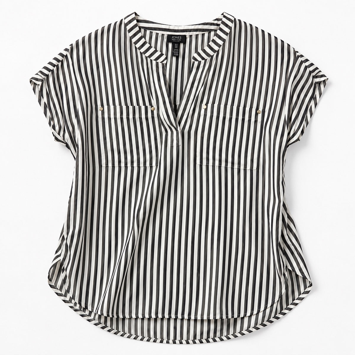 Black & White Striped V-Neck Pocket Blouse - Size Medium