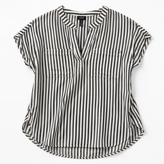 Black & White Striped V-Neck Pocket Blouse - Size Medium