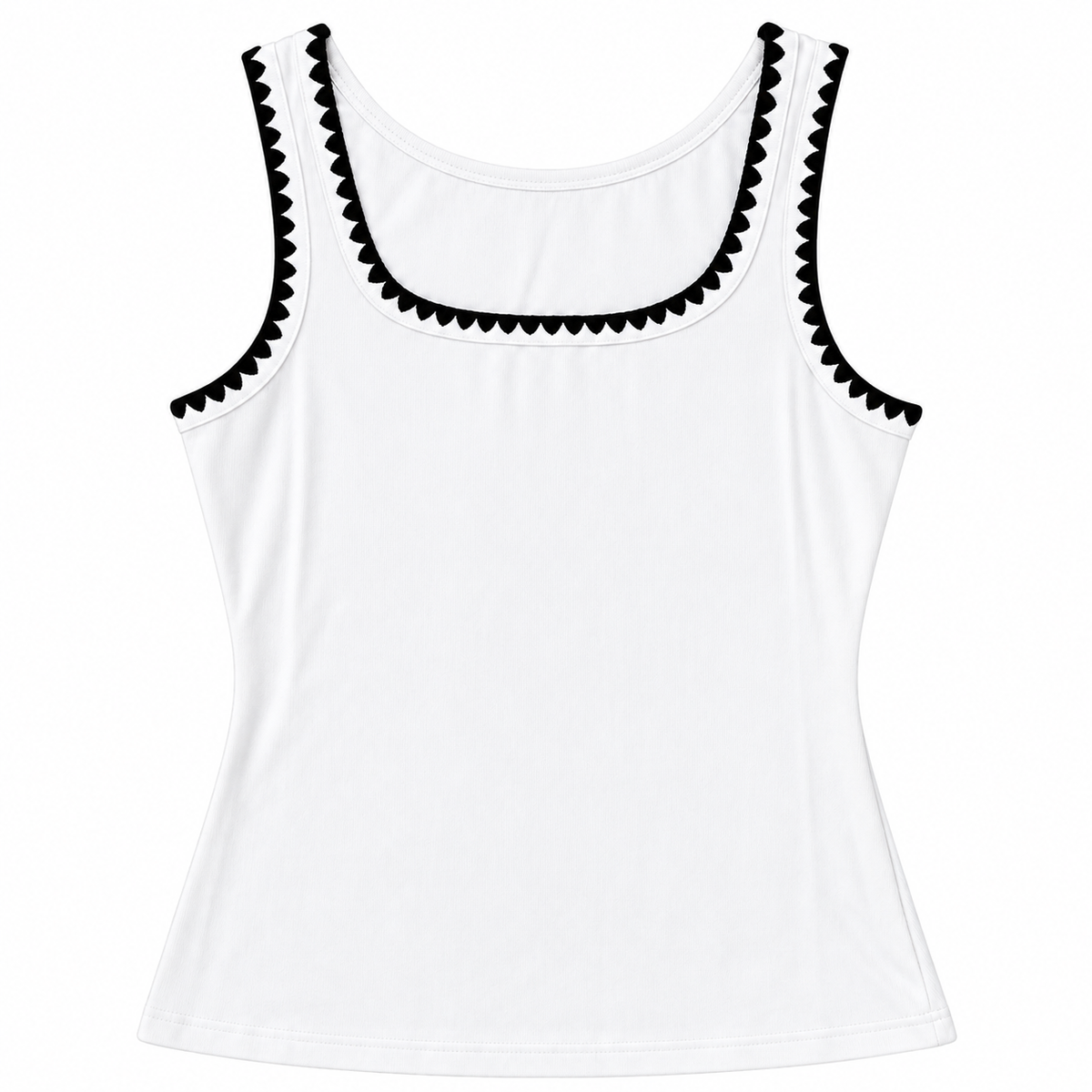 Classic Contrast White Tank Top with Black Scalloped Trim