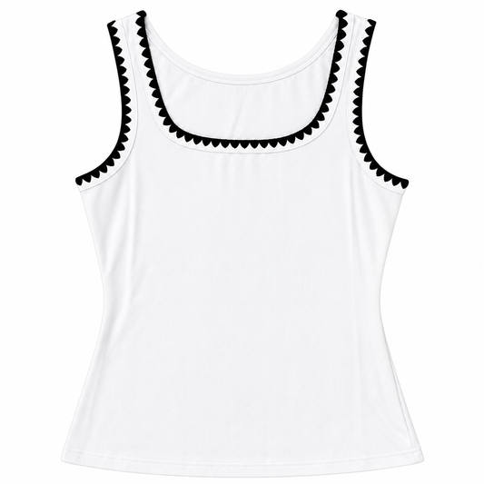 Classic Contrast White Tank Top with Black Scalloped Trim