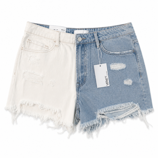 Two-Tone Blue & Ivory Distressed Denim Shorts