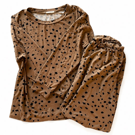 Brown and Black Spotted Two Piece Pajama Set - Size Medium