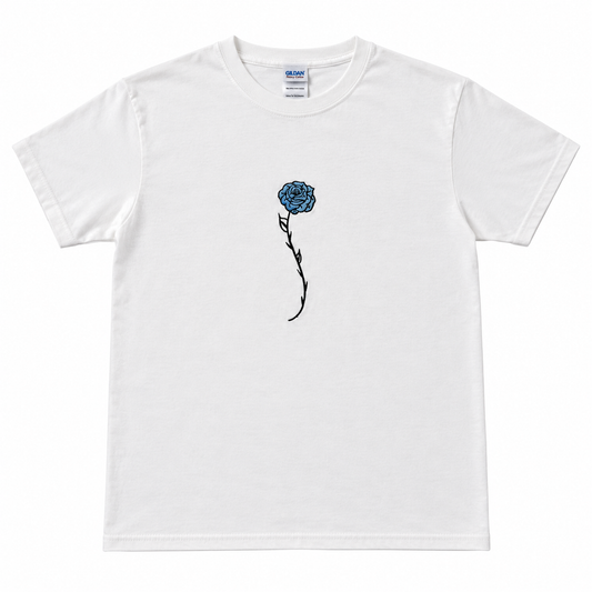 Blue Rose White Embroidered Graphic Tee
