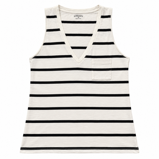 Ivory & Black Striped V-Neck Pocket Tank Top