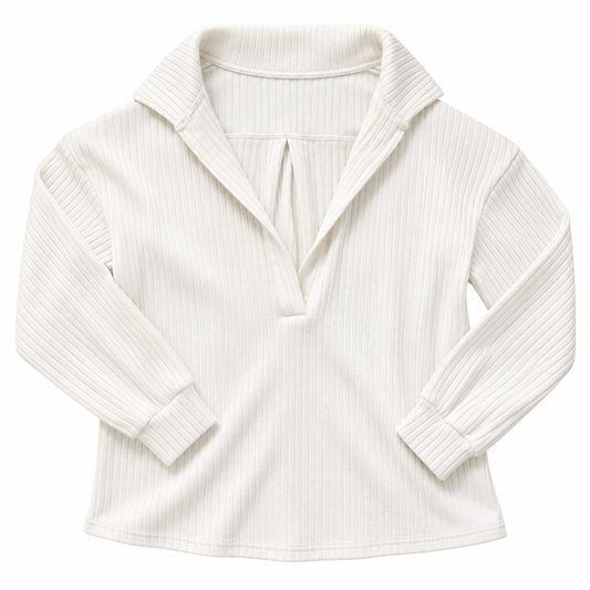 Ribbed Collared V-Neck Oversized Long Sleeve Top