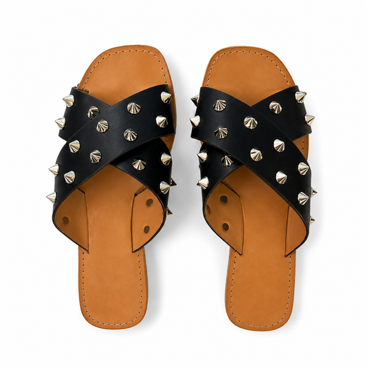 Black Studded Crisscross Slide Sandals