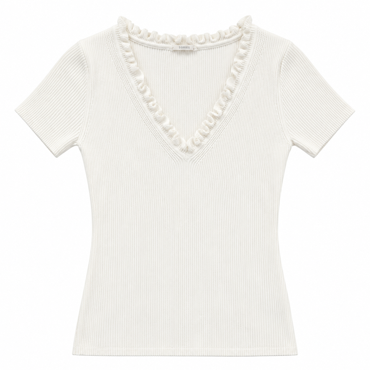 White Ribbed Ruffle V-Neck Short Sleeve Top