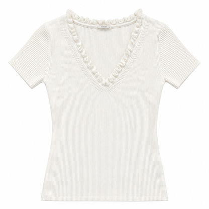 White Ribbed Ruffle V-Neck Short Sleeve Top
