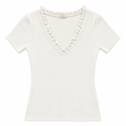 White Ribbed Ruffle V-Neck Short Sleeve Top
