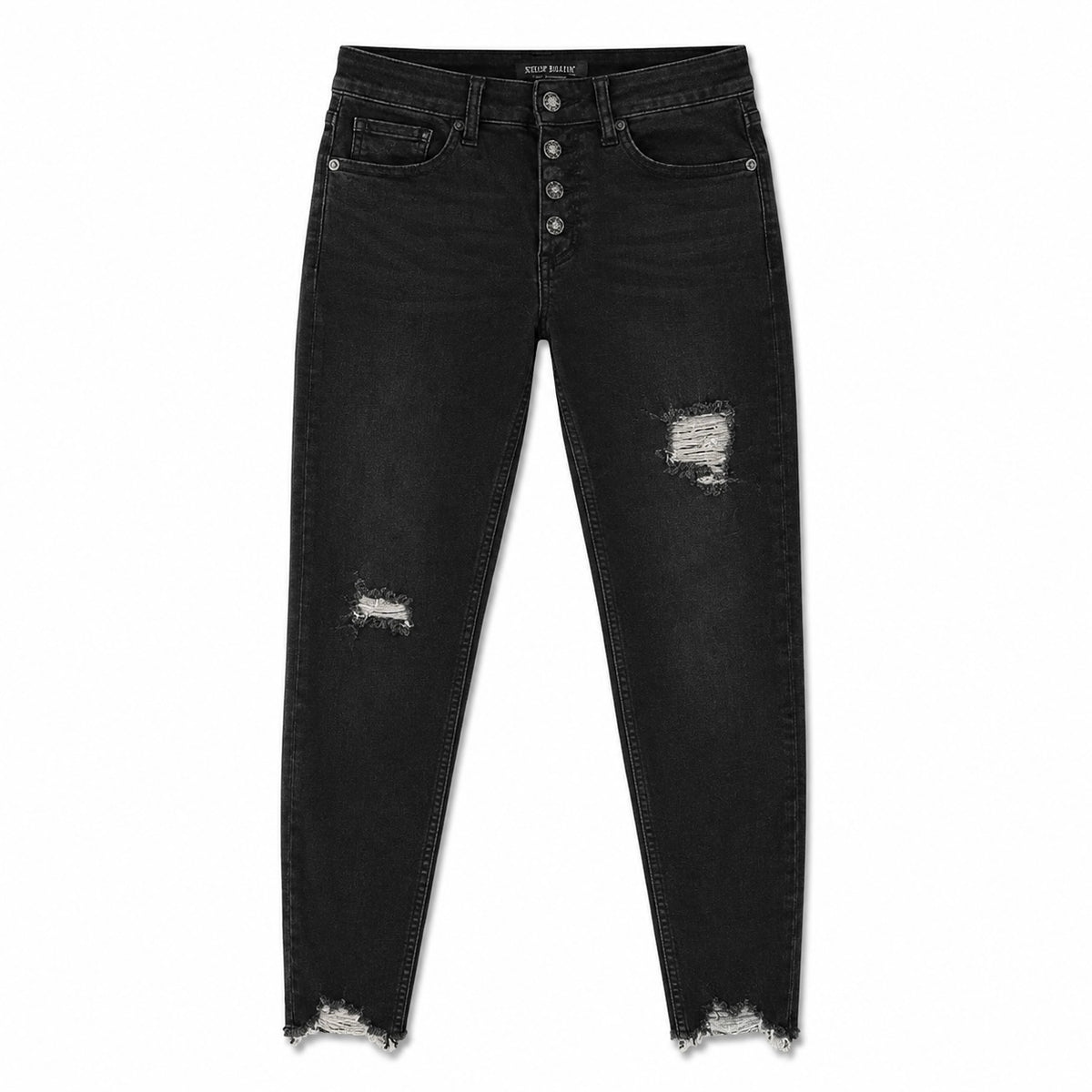 Judy Blue Black Distressed Button-Fly Skinny Jeans with Frayed Hem