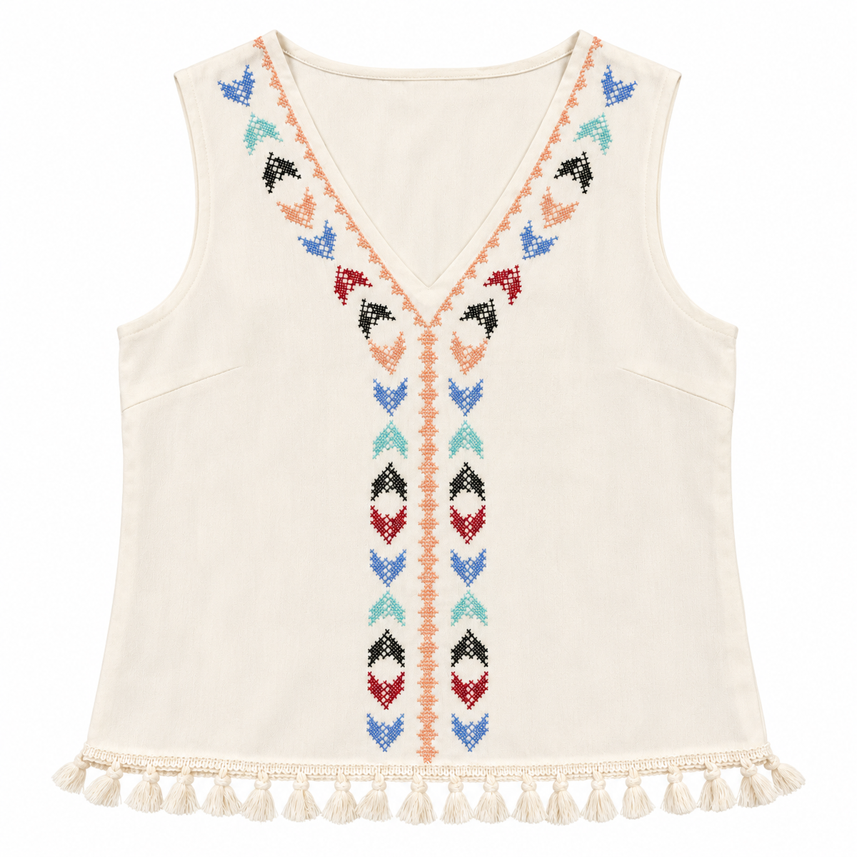 Ivory Boho Embroidered V-Neck Tassel Trim Sleeveless Top