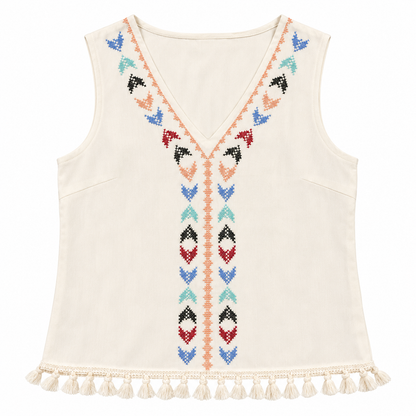 Ivory Boho Embroidered V-Neck Tassel Trim Sleeveless Top
