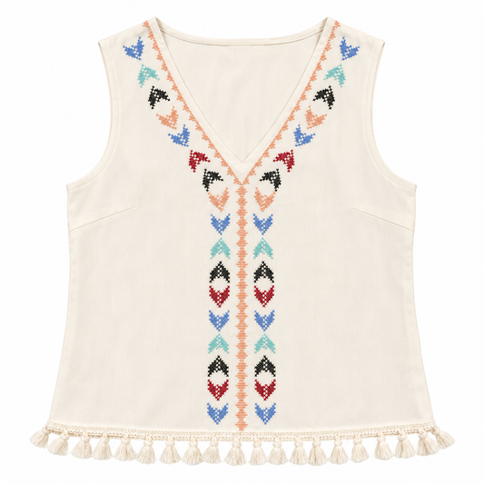 Ivory Boho Embroidered V-Neck Tassel Trim Sleeveless Top