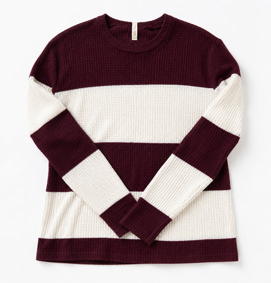 Burgundy and White Striped Color Block Waffle Sleeve - Size Medium