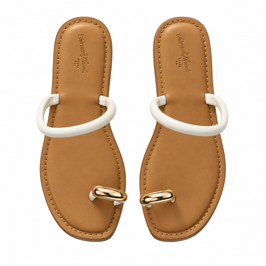 White & Gold Toe Ring Slide Sandals