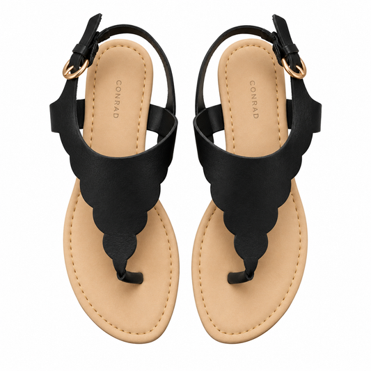 Black Scalloped Thong Sandals with Gold Buckle