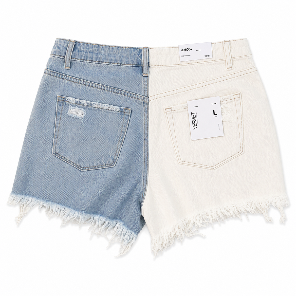 Two-Tone Blue & Ivory Distressed Denim Shorts