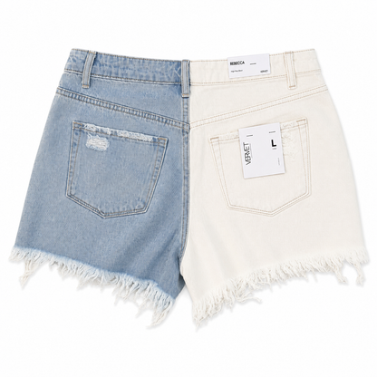 Two-Tone Blue & Ivory Distressed Denim Shorts