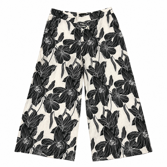 100% Linen Wide Leg Black and White Floral Pants