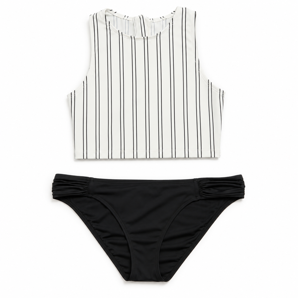 Black & White Pinstripe High-Neck Two-Piece Swimsuit