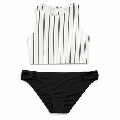 Black & White Pinstripe High-Neck Two-Piece Swimsuit