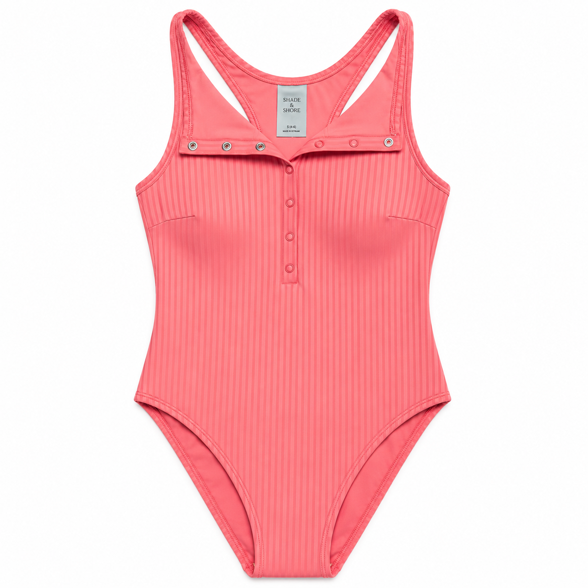 Coral Ribbed Racerback One-Piece Swimsuit with Snap Button Detail