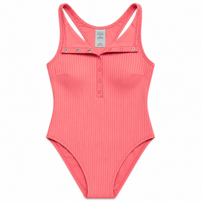 Coral Ribbed Racerback One-Piece Swimsuit with Snap Button Detail