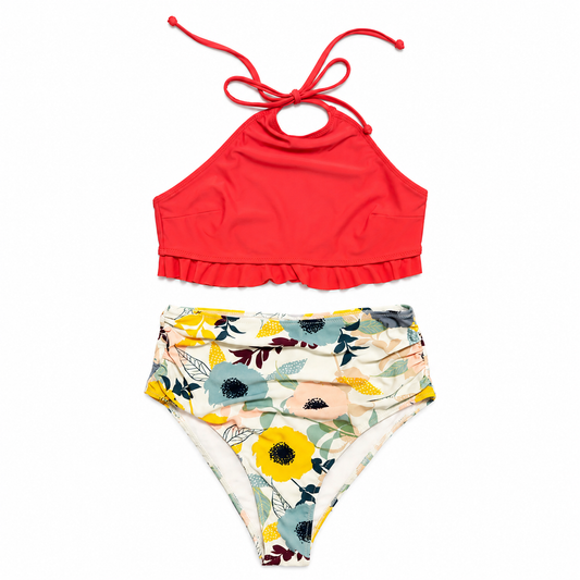 Red Ruffle Halter Bikini with Floral High-Waisted Bottoms