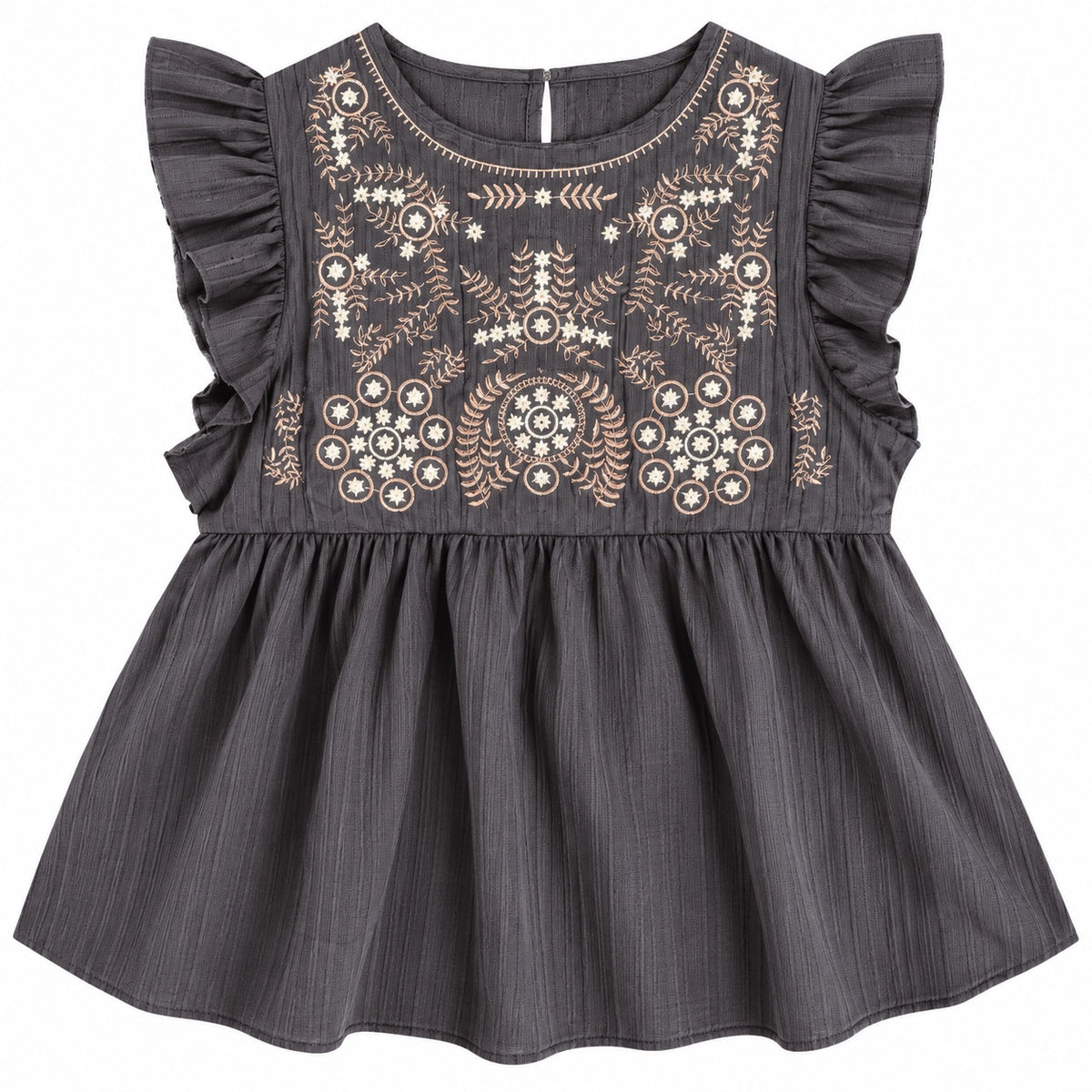 Free Spirit Charcoal Embroidered Ruffle Sleeve Babydoll Top