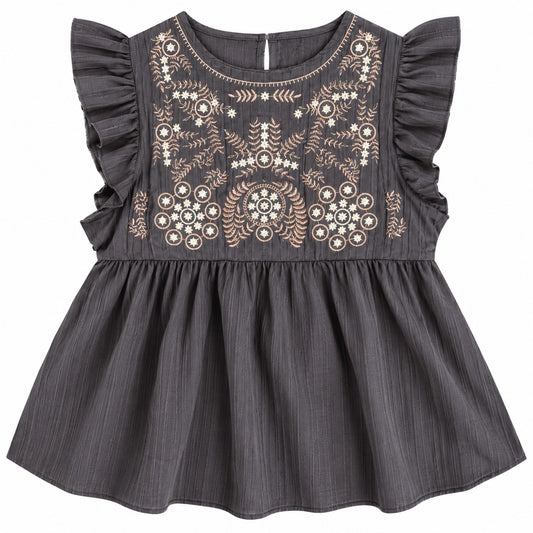 Free Spirit Charcoal Embroidered Ruffle Sleeve Babydoll Top